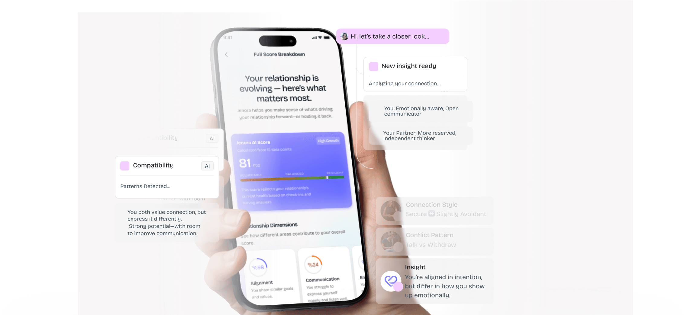 The Jenora AI app surfacing relationship insights