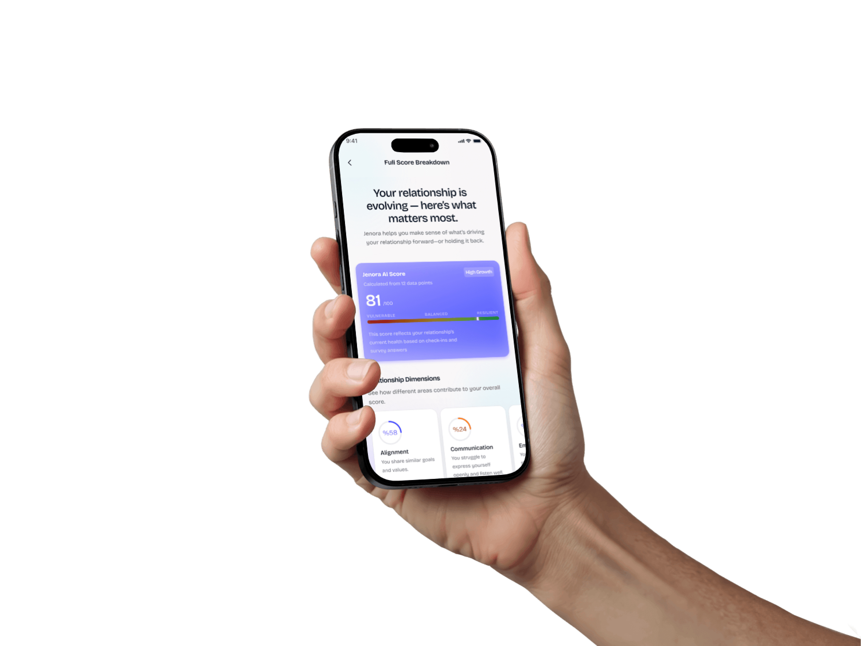 The Jenora AI app showing a relationship intelligence score breakdown