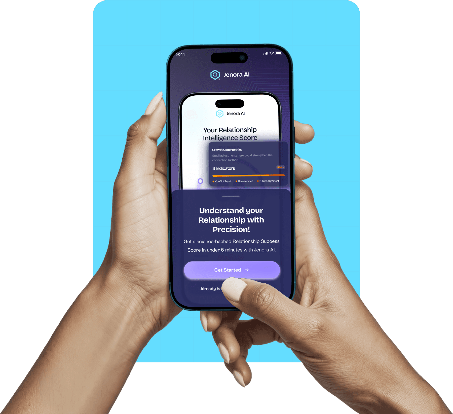A person holding a phone showing the Jenora AI app